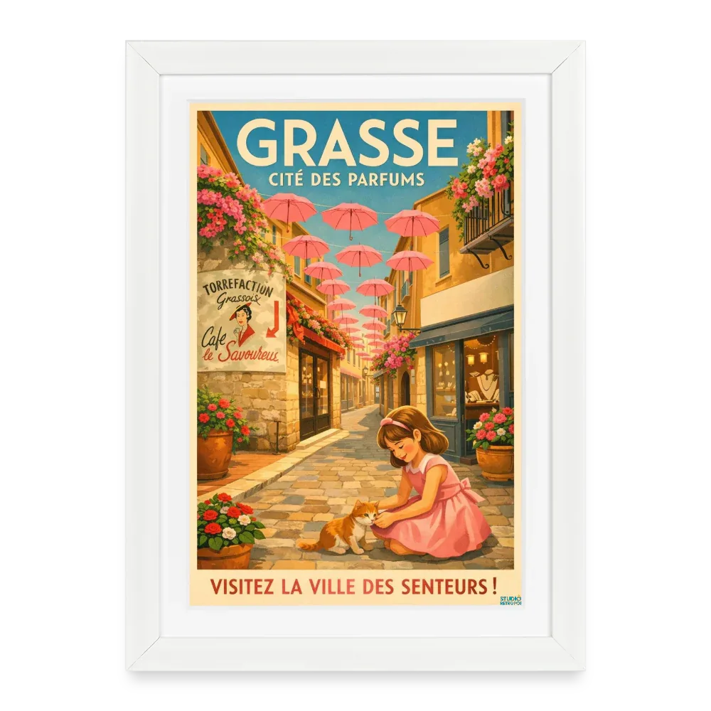 Affiche Grasse Cité des parfums (50s) - Format 27 × 37 cm avec cadre - blanc