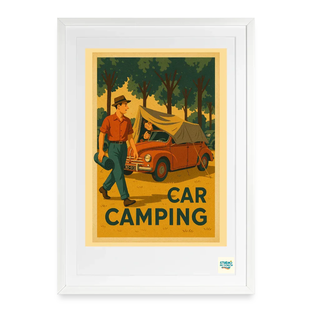 Studioretropop Affiche 50s Car Camping - Format 49 x 69 cm avec cadre - blanc