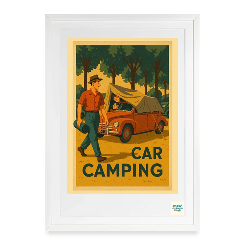 Studioretropop Affiche 50s Car Camping - Format 49 x 69 cm avec cadre - blanc