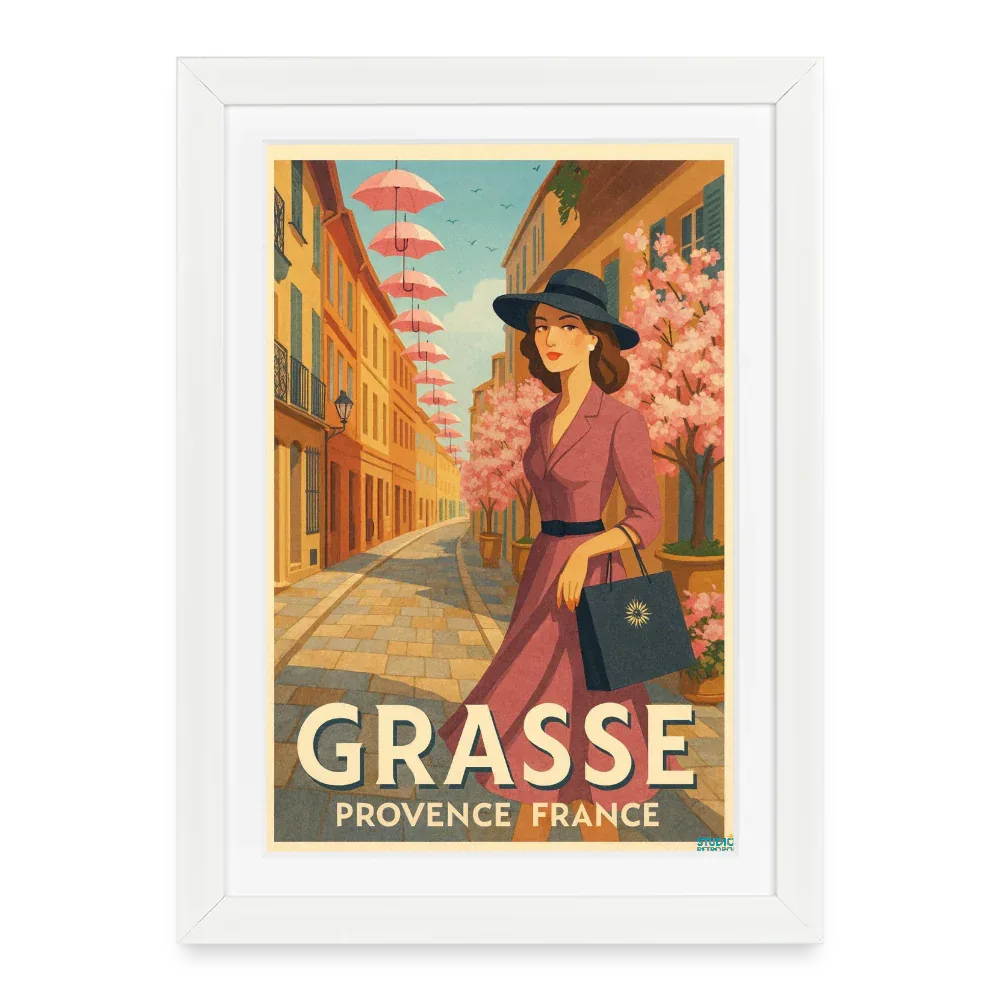 Affiche Élégance à Grasse (50s) - Format 27 × 37 cm avec cadre - blanc