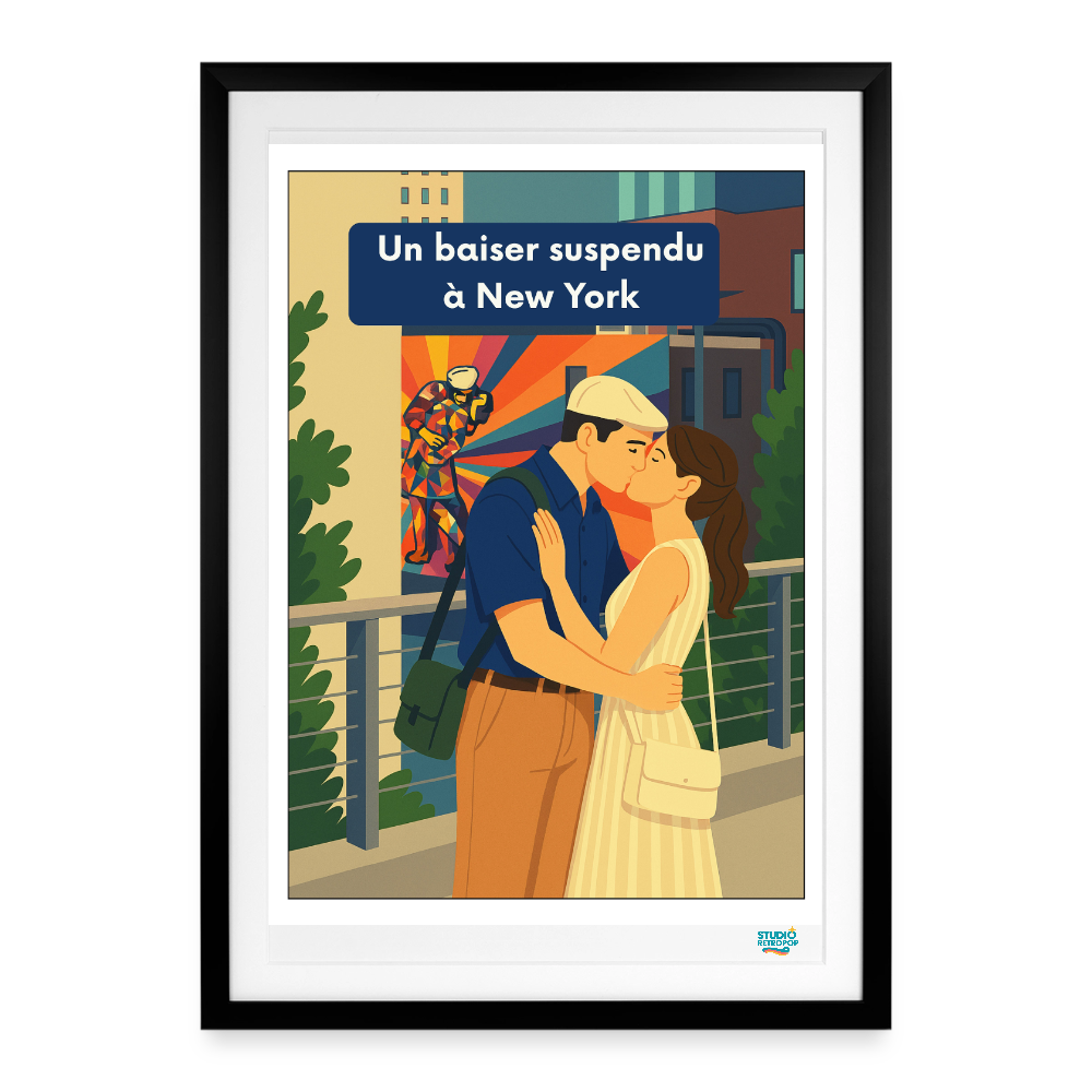Affiche Un baiser suspendu à New York Années 60 - 49 × 69 cm avec cadre - Art Rétro Pop - noir