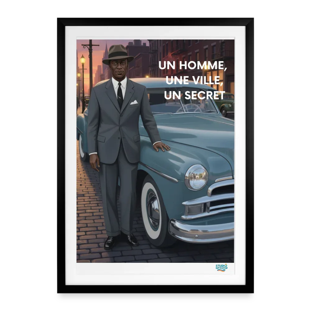 Affiche un homme, une ville, un secret Années 50–  49 x 69 cm avec cadre-Art Rétro Pop - noir