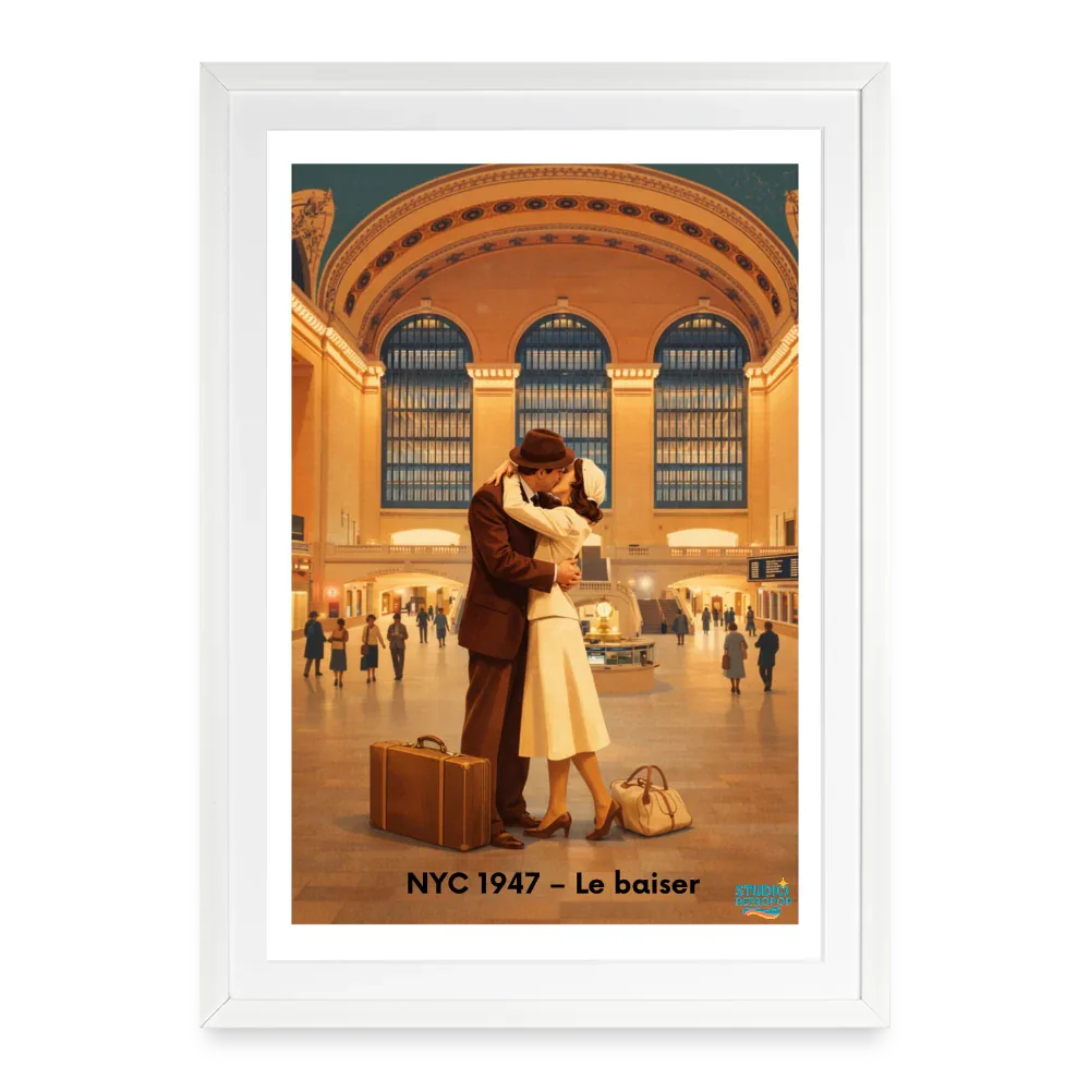 Affiche NYC 1947 - Le baiser Années 40 - Format 49 × 69 cm avec cadre - Art Rétro Pop - StudioRetroPop