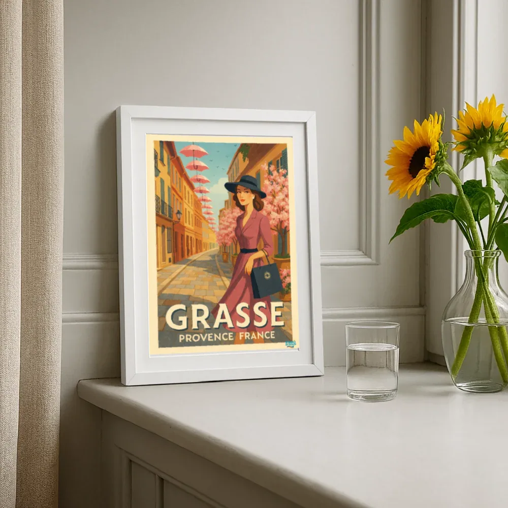 Affiche Élégance à Grasse (50s) - Format 27 × 37 cm avec cadre - blanc