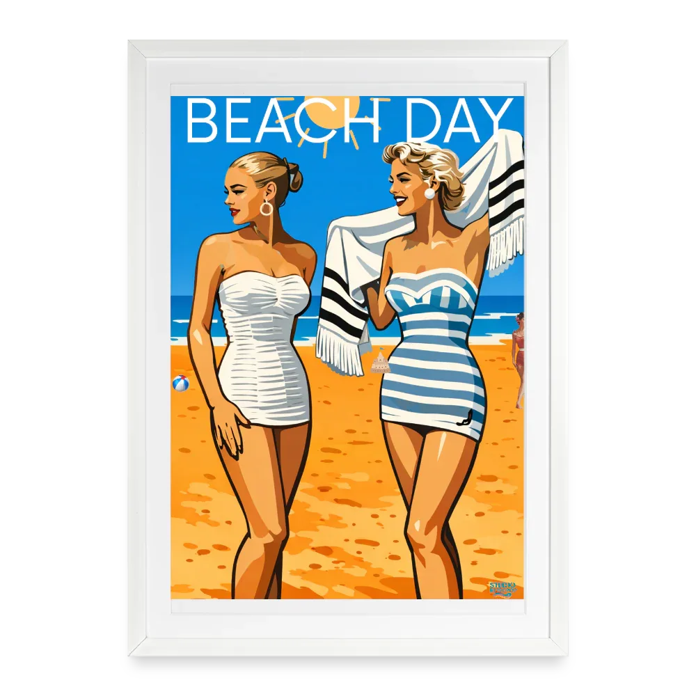 Affiche rétro “Beach Day” – Mode balnéaire Années 50 - Format 49 × 69 cm avec cadre - blanc