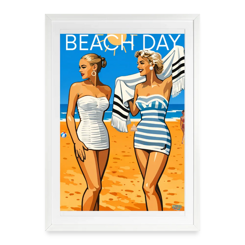 Affiche rétro “Beach Day” – Mode balnéaire Années 50 - Format 49 × 69 cm avec cadre - blanc