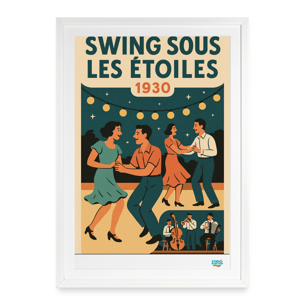 Affiche Swing sous les étoiles Années 30 – 49 × 69 cm - Art Rétro Pop - blanc