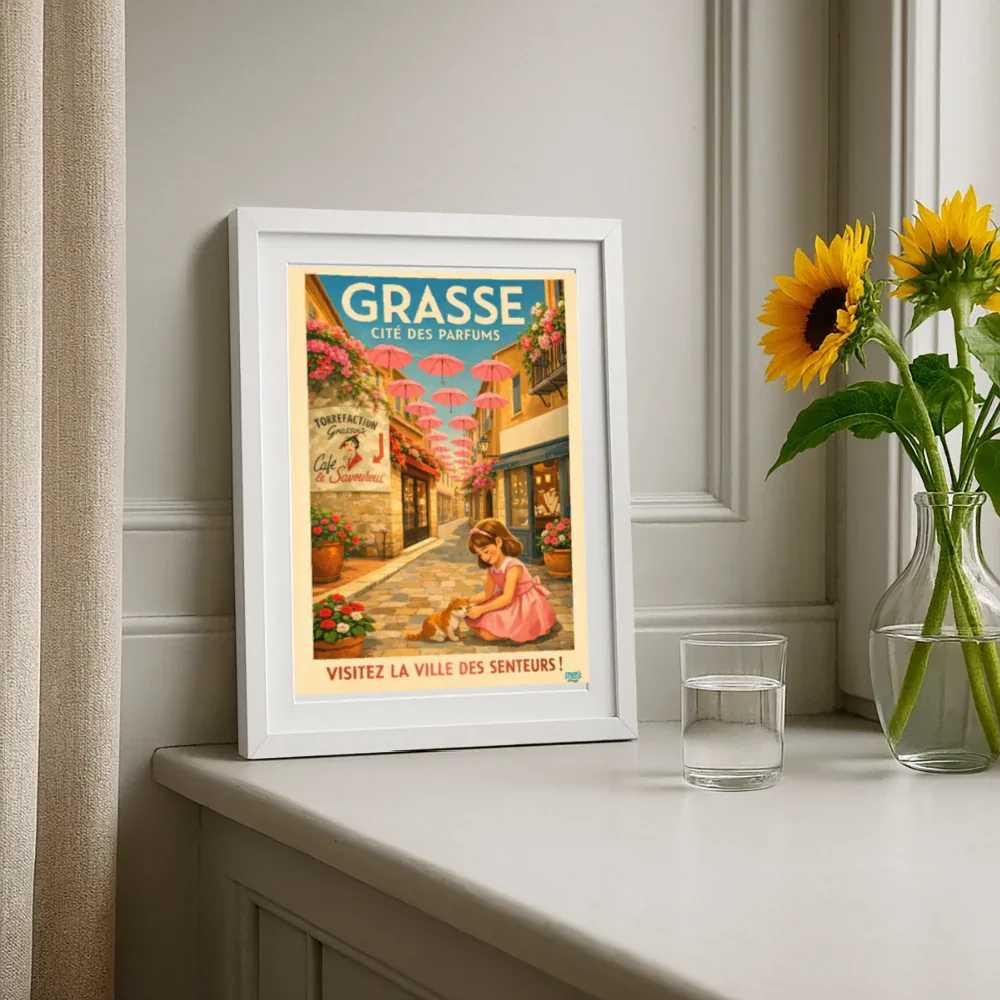 Affiche Grasse Cité des parfums (50s) - Format 27 × 37 cm avec cadre - blanc