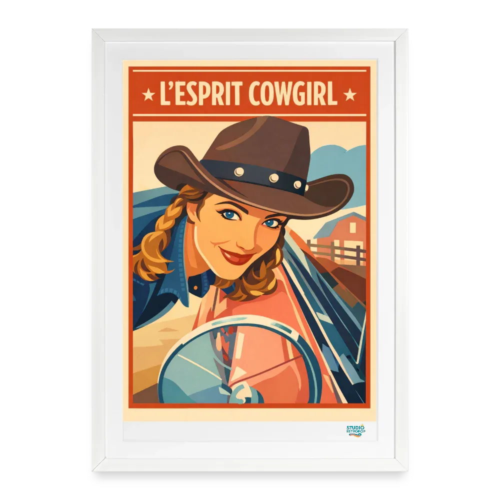 Affiche L'esprit Cowgirl Années 80 - 49 × 69 cm avec cadre - Art Rétro Pop - blanc