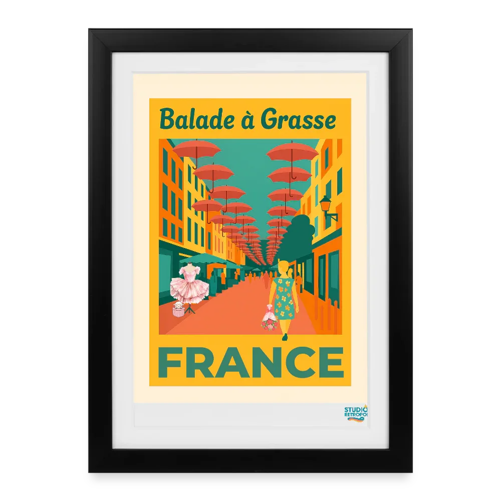 Affiche Balade à Grasse (50S) - Format 27 × 37 cm avec cadre - noir