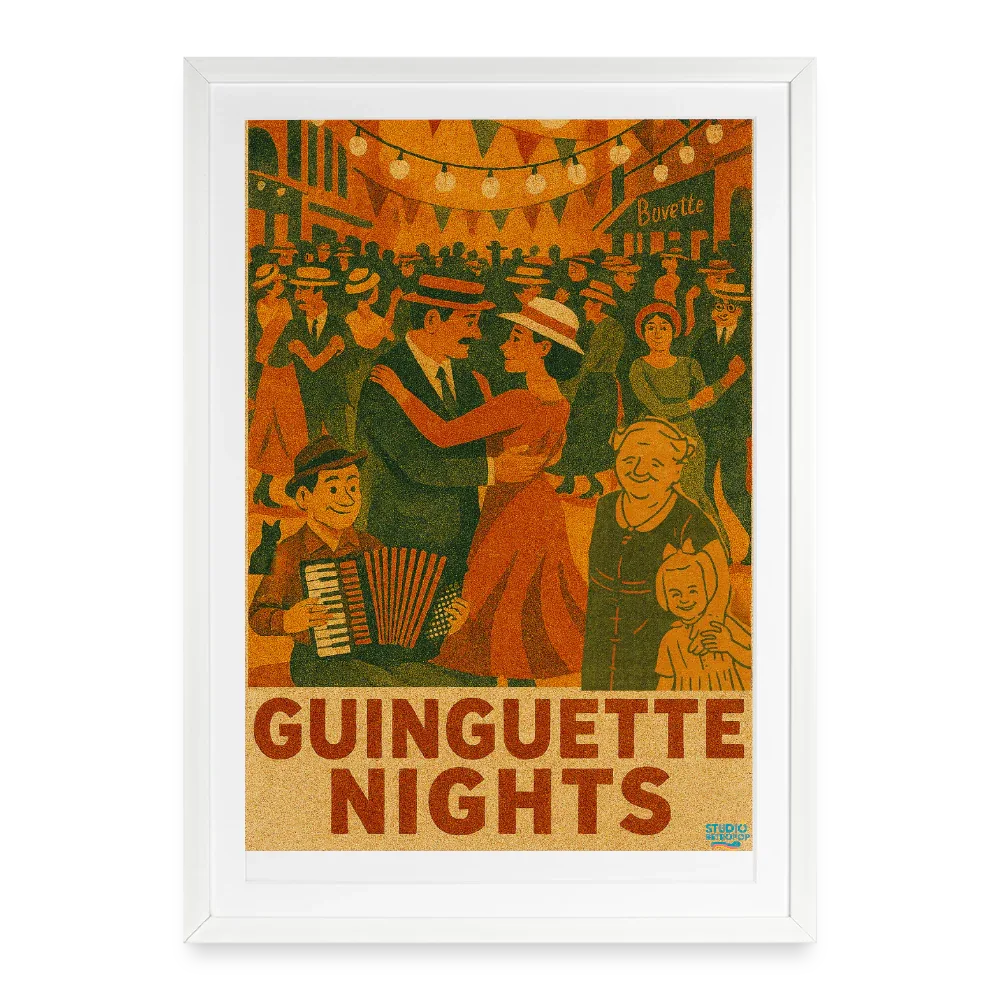 Affiche vintage Bal Musette années 30 avec cadre noir - Décoration murale rétro ambiance guinguette française