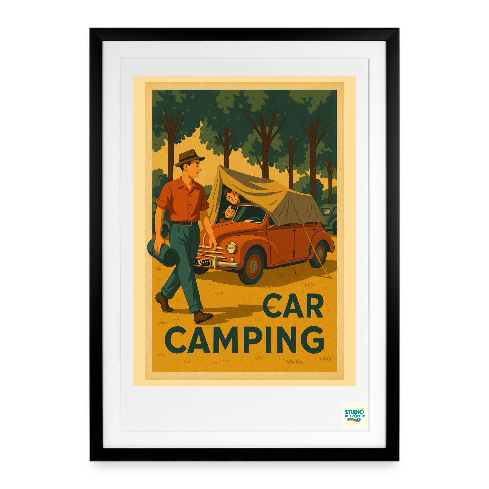 Studioretropop Affiche 50s Car Camping - Format 49 x 69 cm avec cadre - noir