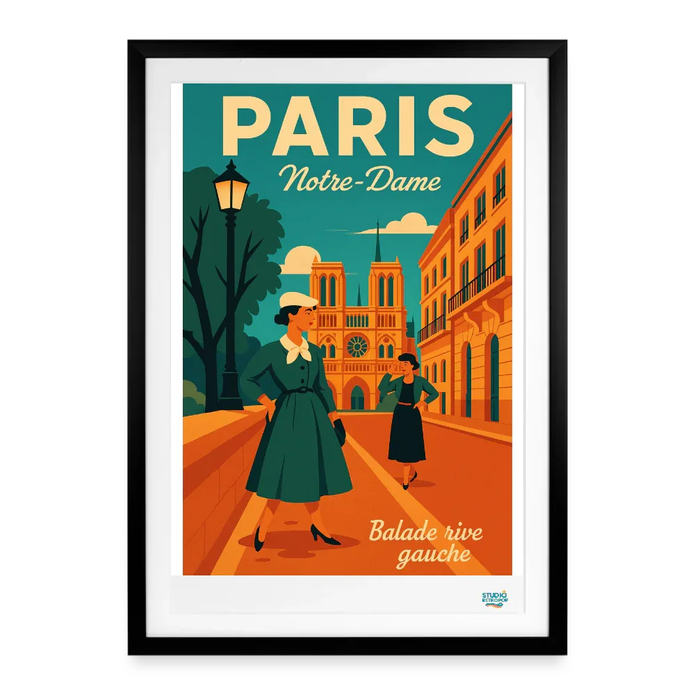 Affiche Paris Notre Dame Années 50 + 49 × 69 cm avec cadre - Art Rétro Pop - noir
