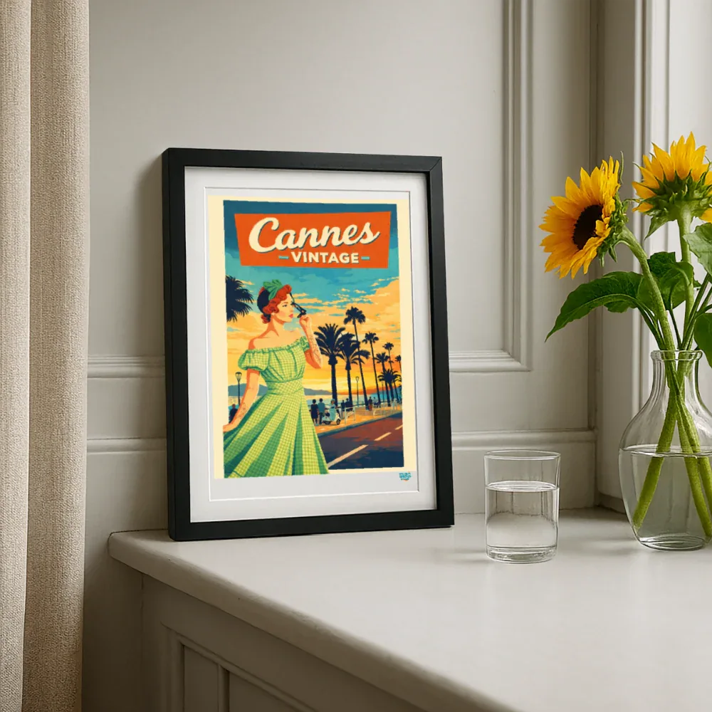 Affiche Cannes Vintage (Années 60) Format 27 × 37 cm avec cadre - noir