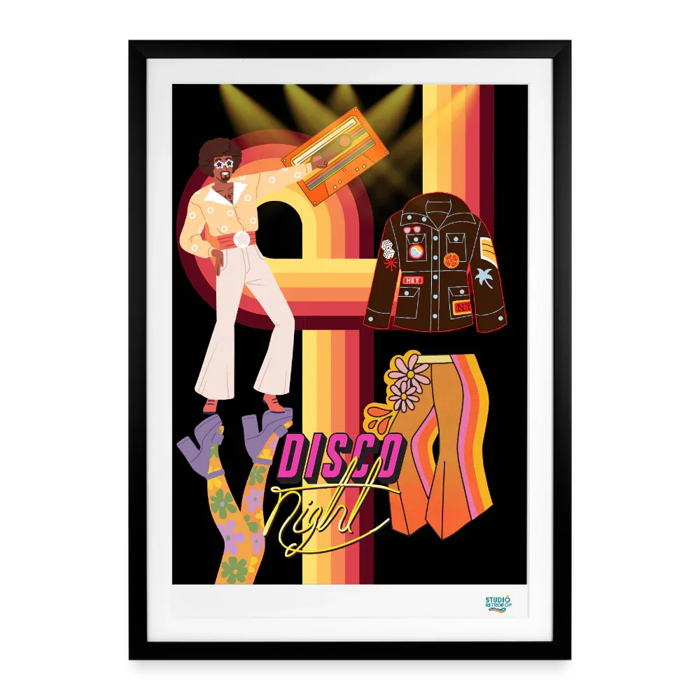 Affiche disco night Années 70 49 x 69 cm avec cadre -Art Rétro Pop - noir