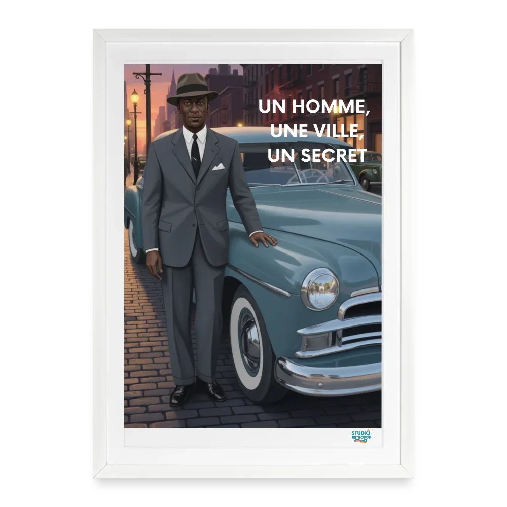 Affiche un homme, une ville, un secret Années 50–  49 x 69 cm avec cadre-Art Rétro Pop - blanc