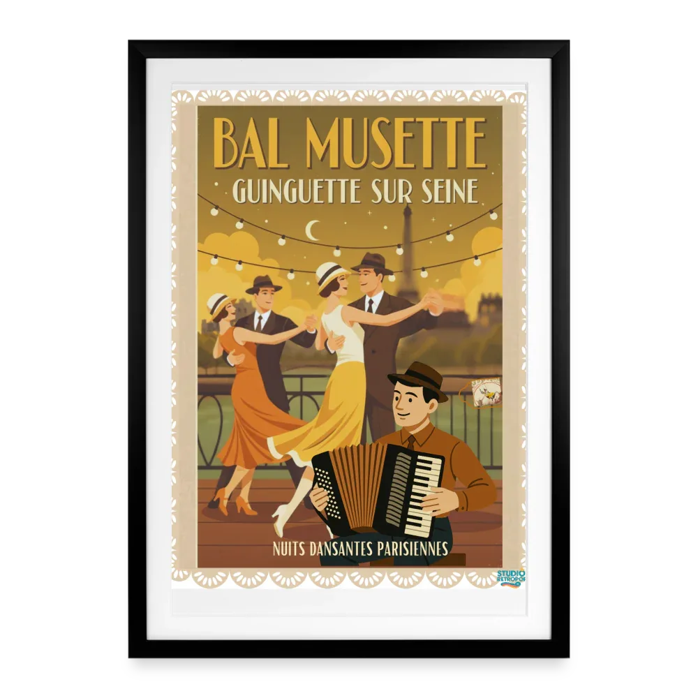 Affiche   Années 80 -  Nuits dansantes Parisiennes 49 x 69 cm avec cadre-Art Rétro Pop - noir