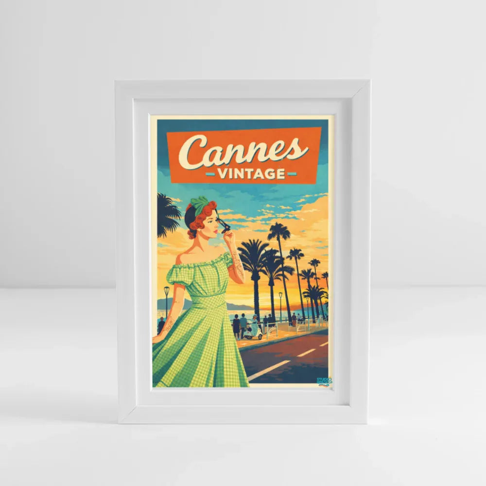 Affiche Cannes Vintage Années 60 - 27 x 37 cm avec cadre- Art Rétro Pop - blanc