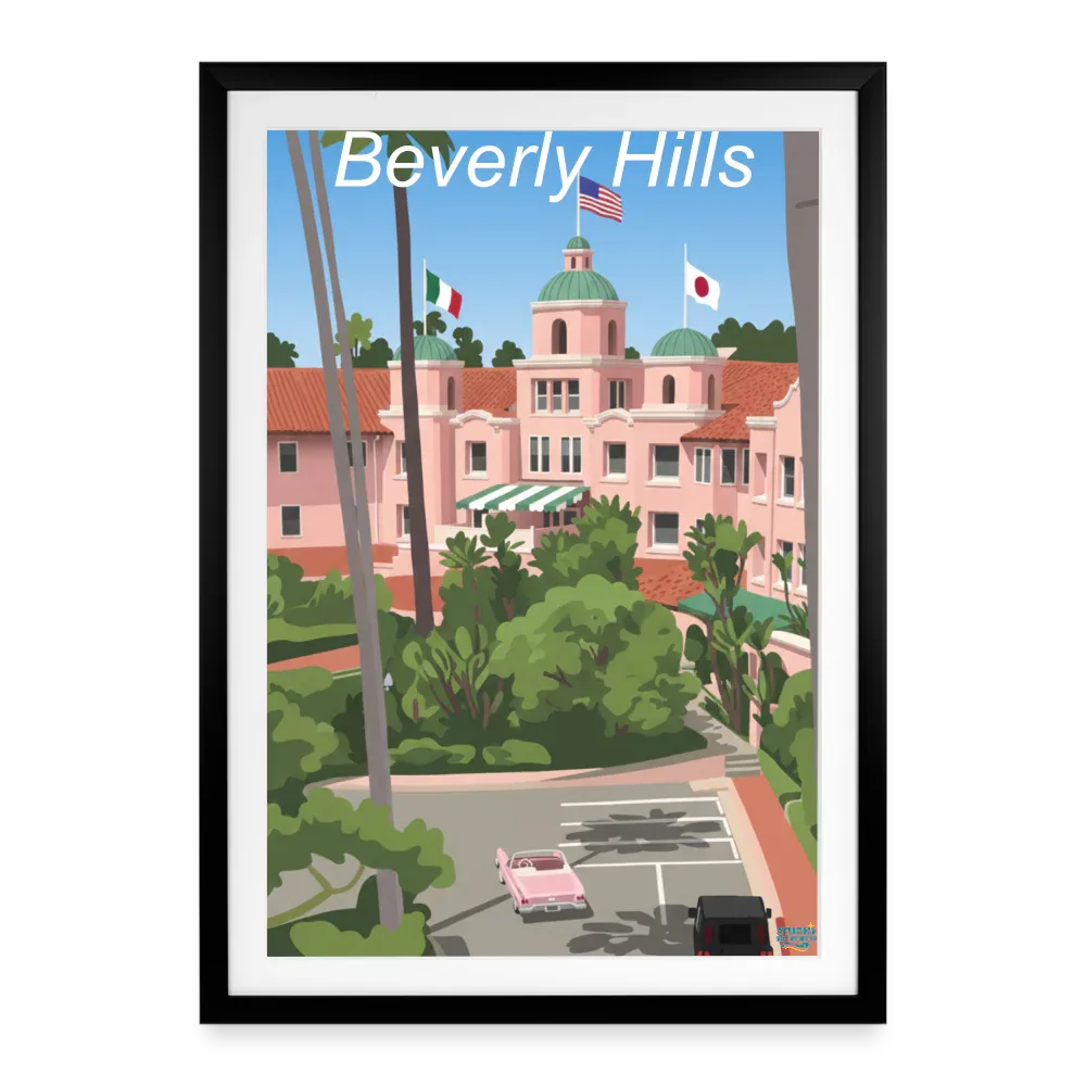 Affiche Beverly Hills Années 2000 - Format 49 × 69 cm avec cadre - noir