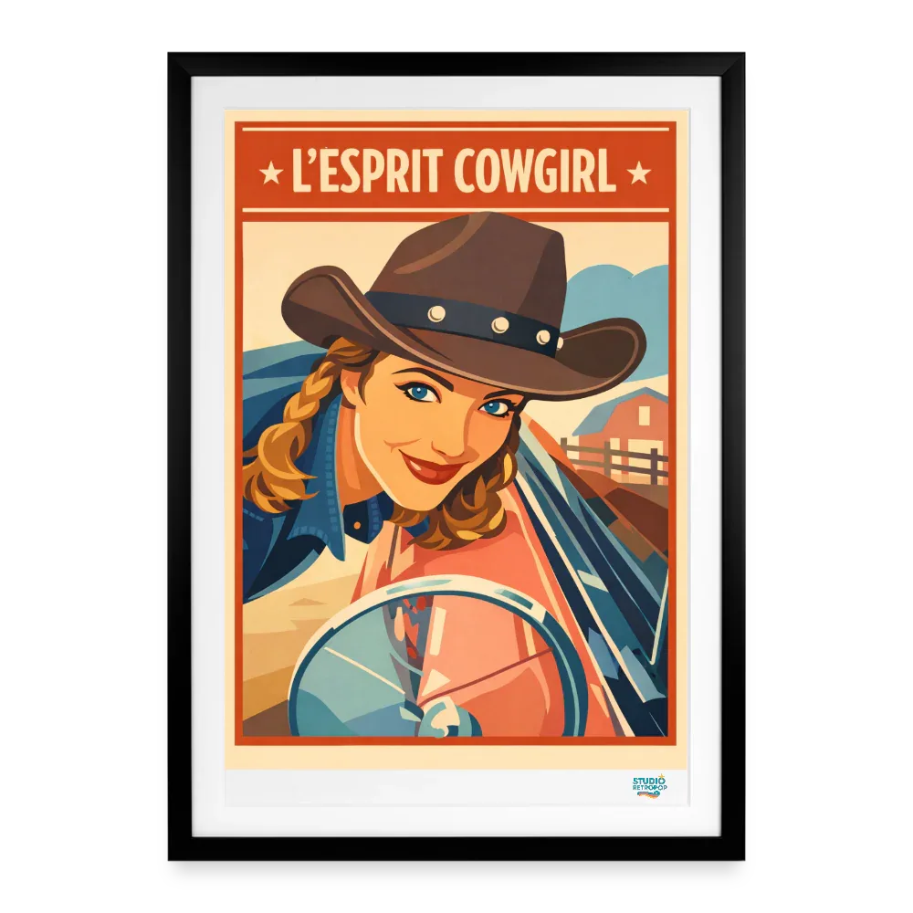 Affiche L'esprit Cowgirl Années 80 - 49 × 69 cm avec cadre - Art Rétro Pop - noir