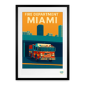 Affiche ville rétro pop Miami - poster design rétro pompiers - art retro urbain années 2000