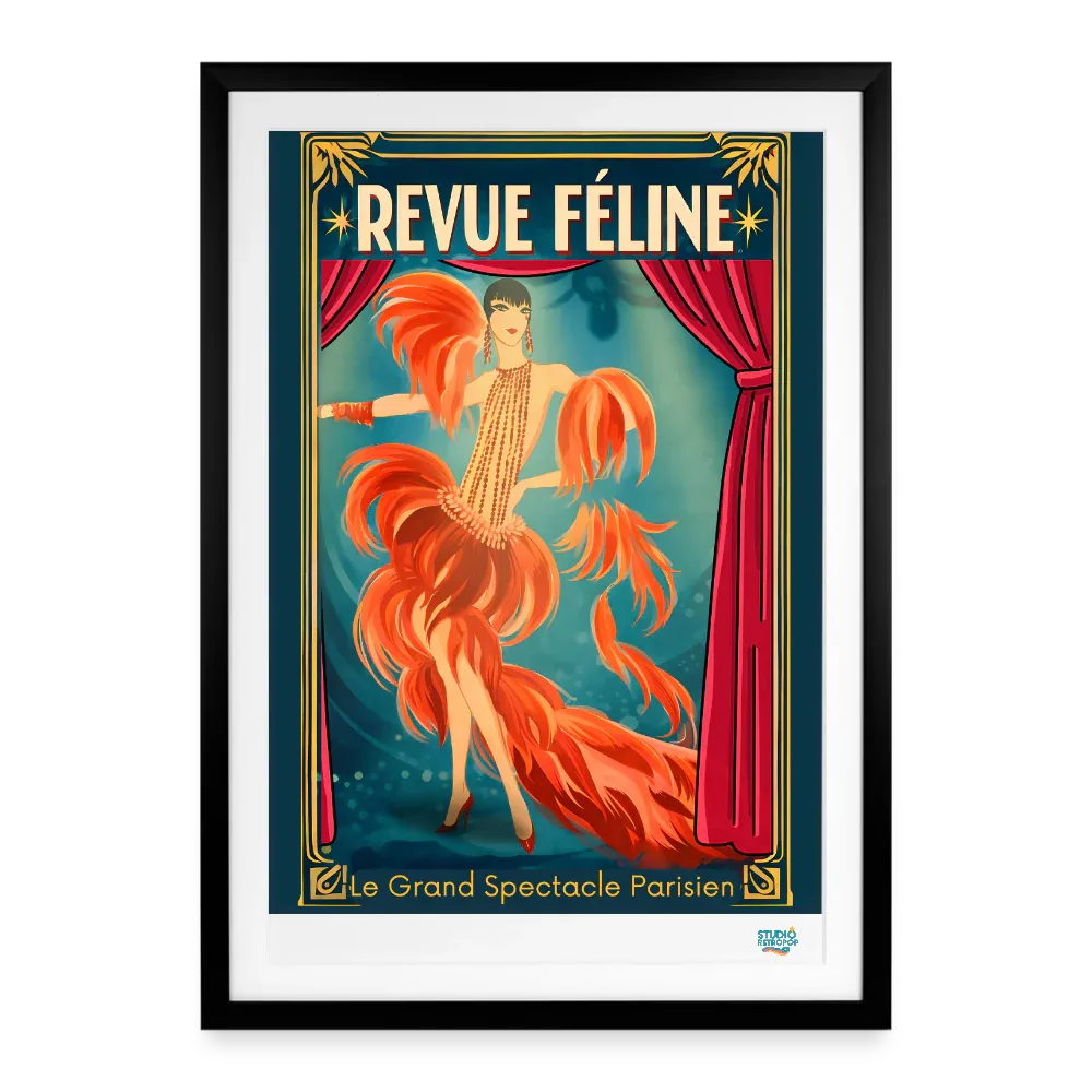 Affiche Revue Féline Années 20 – 49 × 69 cm avec cadre - Art Rétro Pop - noir