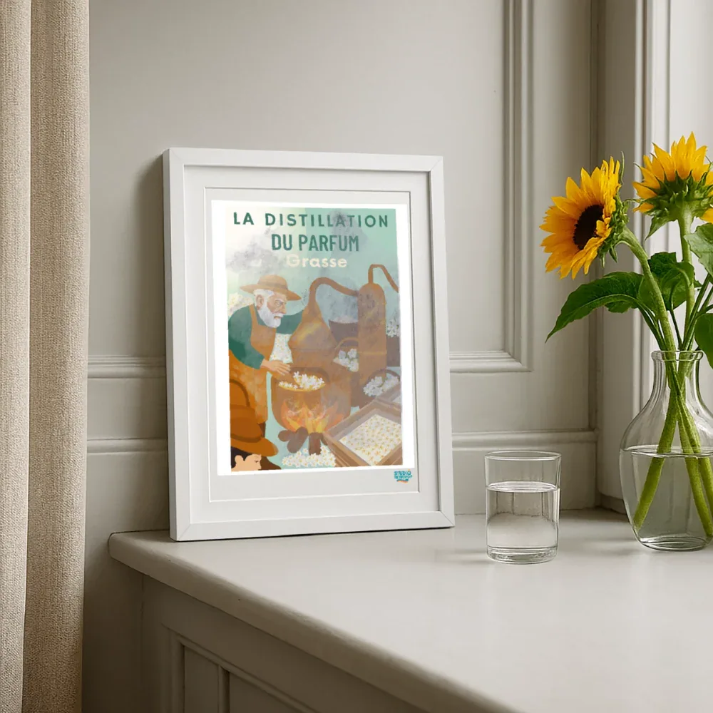 Affiche La distillation du Parfum à Grasse Années 60 - 27 x 37 cm avec cadre- Art Rétro Pop - StudioRetroPop