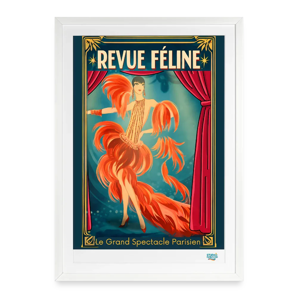 Affiche Revue Féline Années 20 – 49 × 69 cm avec cadre - Art Rétro Pop - blanc