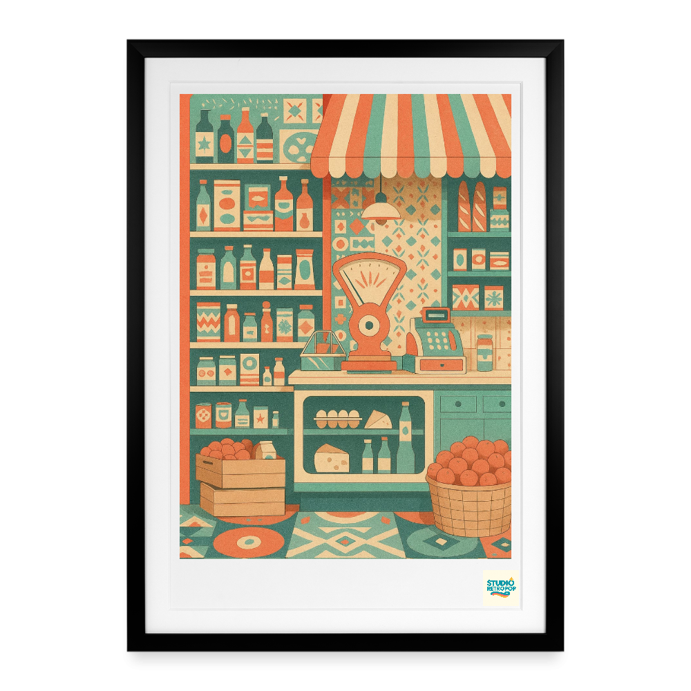 Studioretropop Affiche (70s) L'épicier du village- Format 49 x 69 cm avec cadre