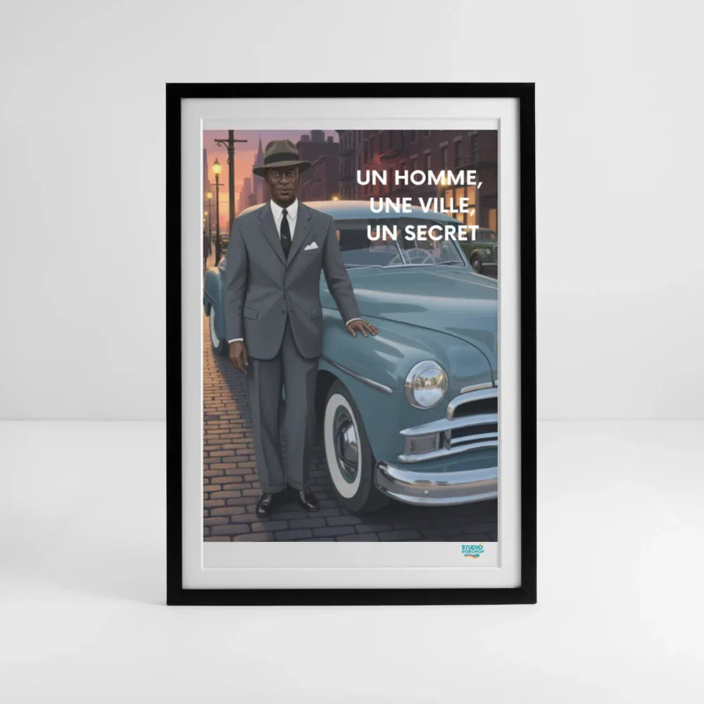 Affiche un homme, une ville, un secret Années 50–  49 x 69 cm avec cadre-Art Rétro Pop - noir
