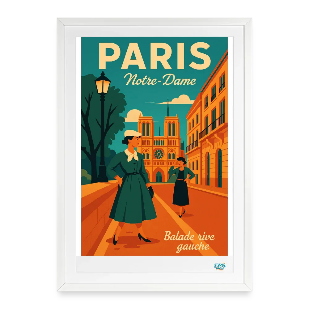 Affiche Paris Notre Dame Années 50 + 49 × 69 cm avec cadre - Art Rétro Pop - blanc