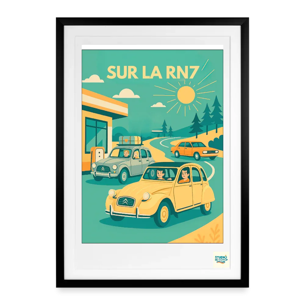 Studioretropop Affiche 50s Sur la RN7 - Format 49 x 69 cm avec cadre blanc