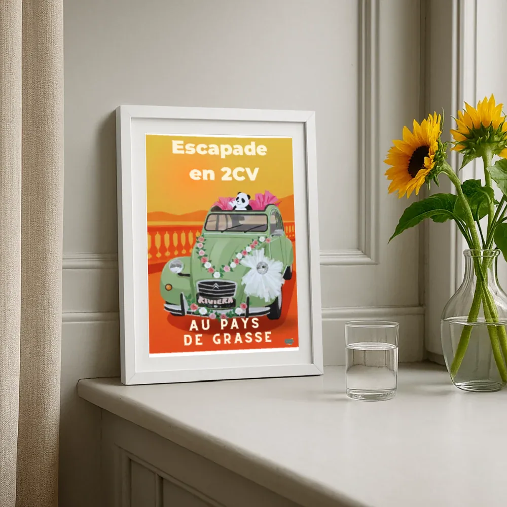 Affiche Escapade en 2 CV au pays de Grasse (2000 et plus) - Format 27 × 37 cm) avec cadre - blanc