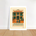 	Affiche rétro ocre et verte « Cheyenne Saloon », « Memories of an Eternal West », posée au sol contre un mur blanc