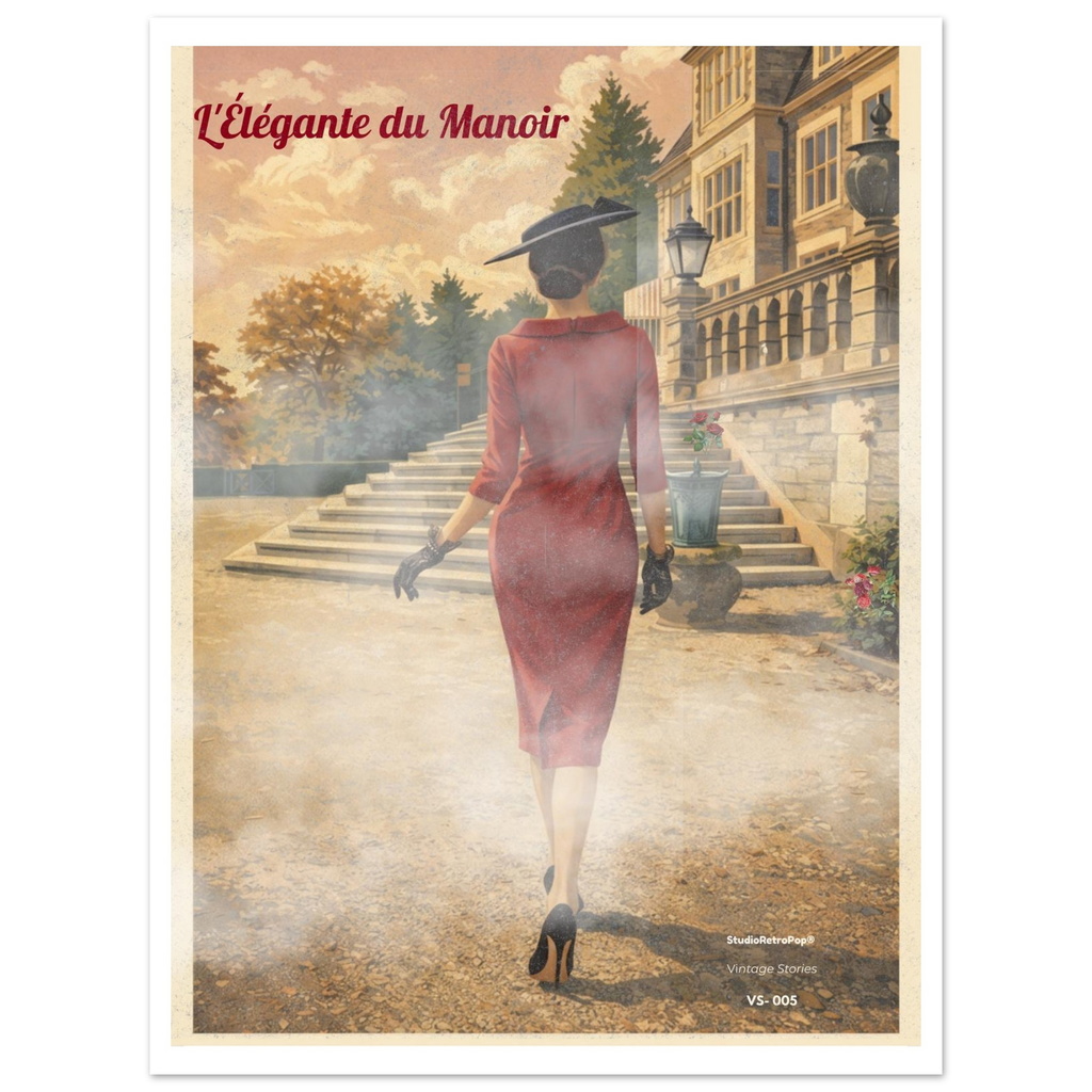 Femme en robe rouge chic et chapeau noir marchant vers un manoir vintage — StudioRetroPop®