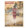 Femme en robe rouge chic et chapeau noir marchant vers un manoir vintage — StudioRetroPop®