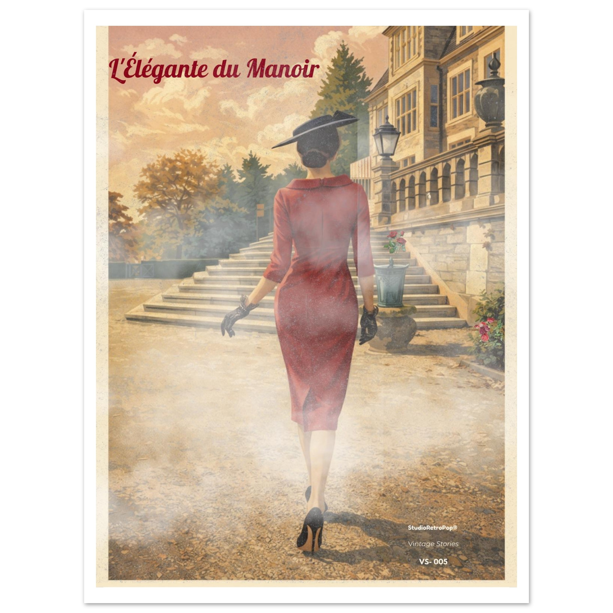 Femme en robe rouge chic et chapeau noir marchant vers un manoir vintage — StudioRetroPop®