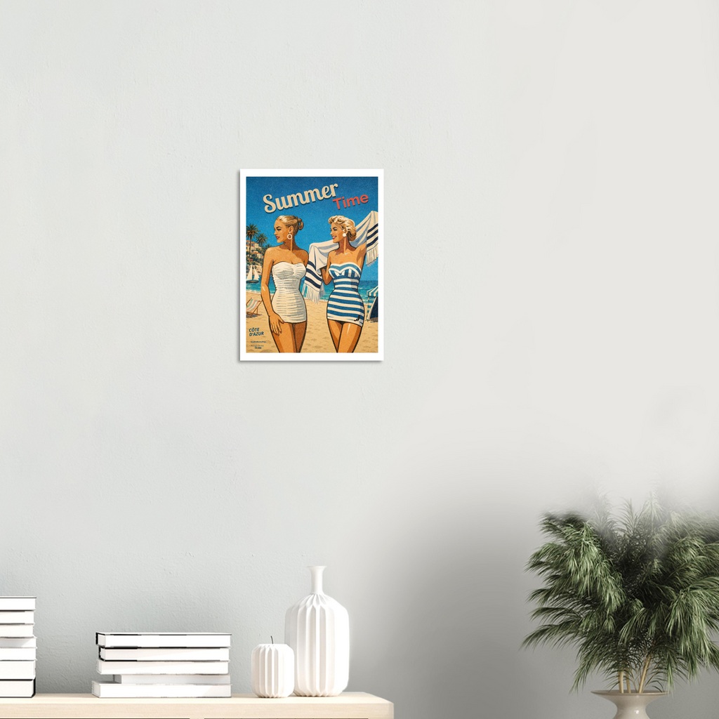 Affiche Summer Time StudioRetroPop® mise en situation dans un salon minimaliste – décoration murale vintage rétro chic