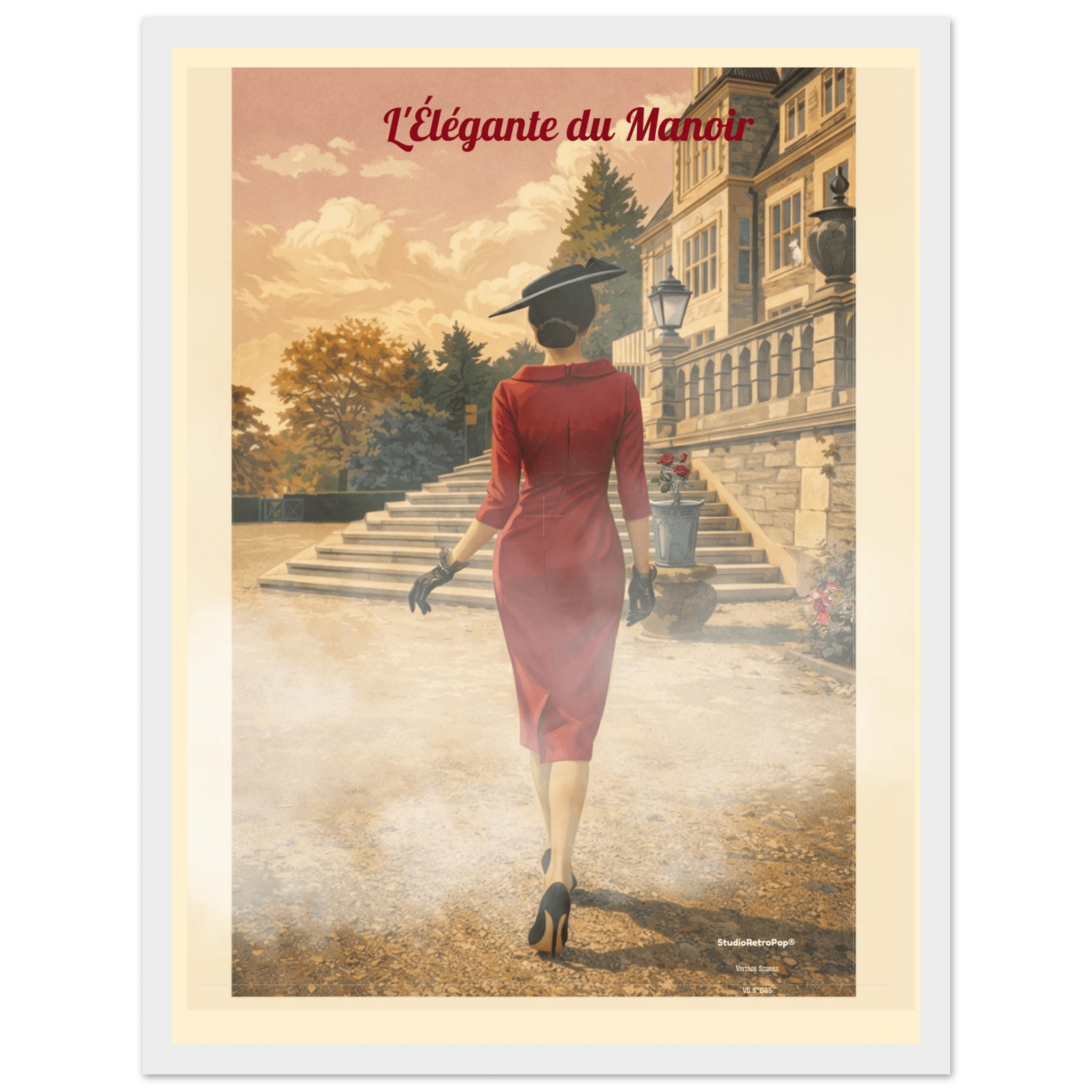 Affiche L'élégante du manoir — Affiche vintage chic – Collection Vintage Stories VS N°005 - sans cadre ou avec – StudioRetroPop® – 30x40 cm / 12x16″