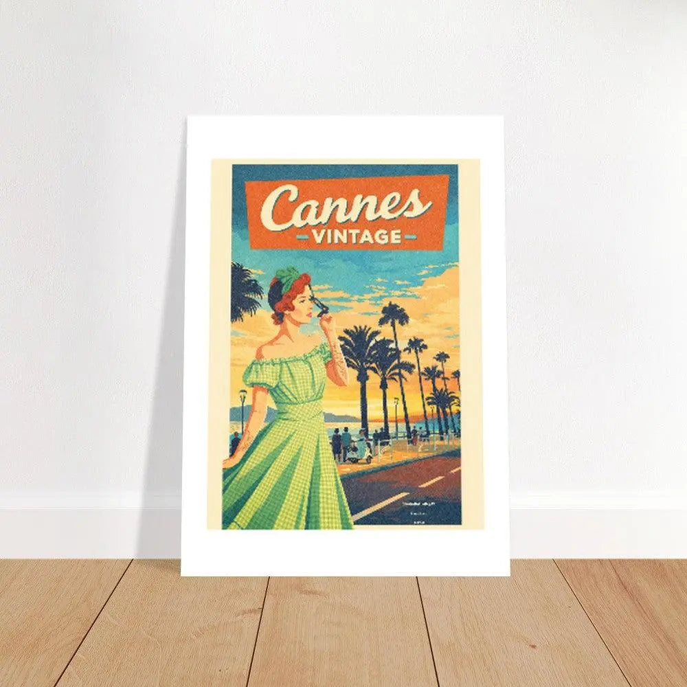 Affiche rétro « Cannes VINTAGE », femme en robe verte, posée sur parquet contre un mur blanc.