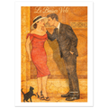 Illustration vintage d un couple élégant en robe rouge et costume, baiser volé aux tons dore — StudioRetroPop®