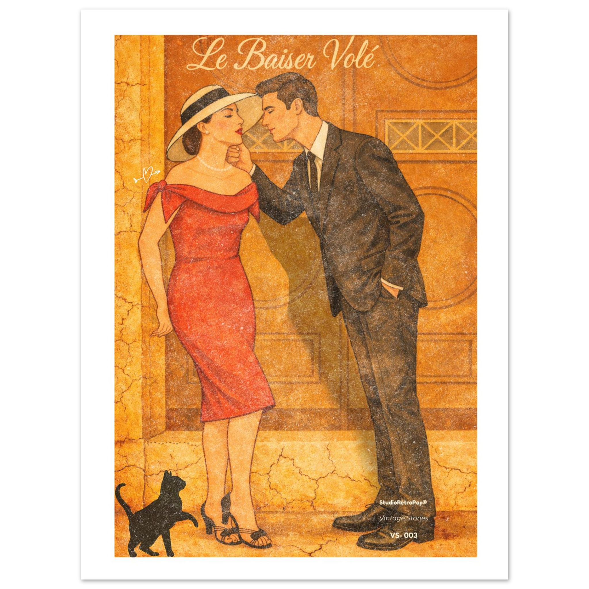 Illustration vintage d un couple élégant en robe rouge et costume, baiser volé aux tons dore — StudioRetroPop®