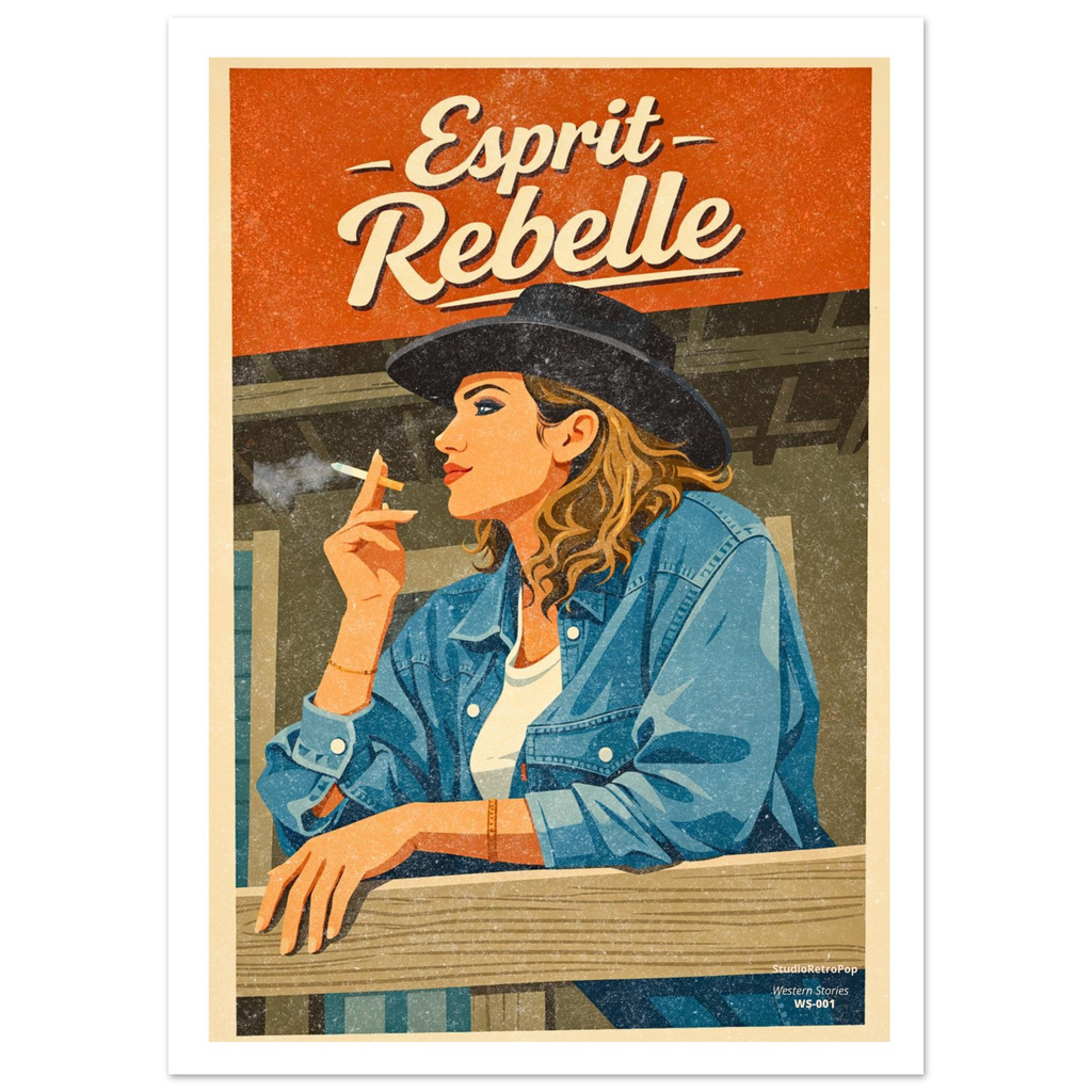 Affiche Esprit Rebelle 30x40 cm – Femme au chapeau western, veste en jean, esthétique rétro vintage – Collection Western Stories WS-001 StudioRetroPop®