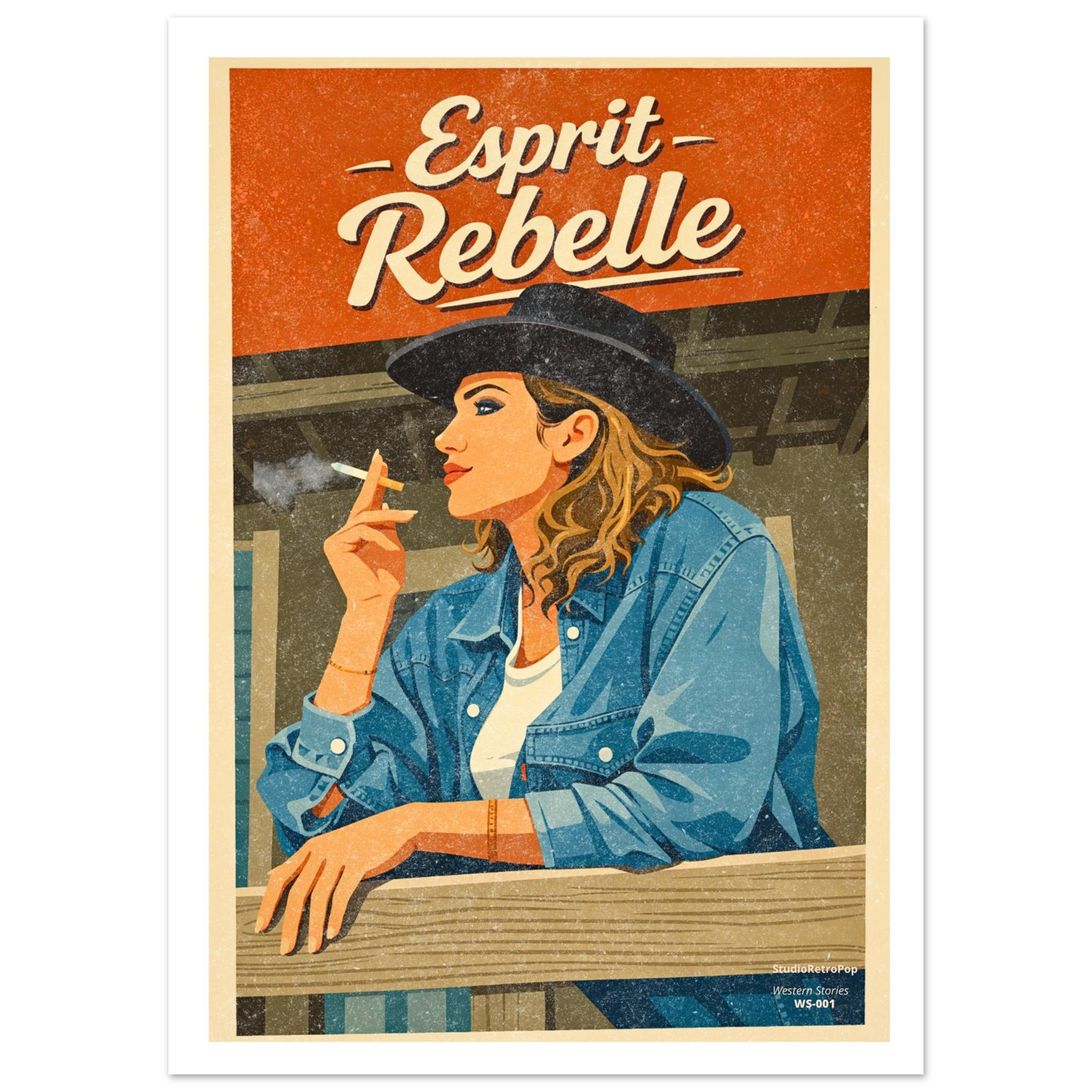 Affiche Esprit Rebelle 30x40 cm – Femme au chapeau western, veste en jean, esthétique rétro vintage – Collection Western Stories WS-001 StudioRetroPop®