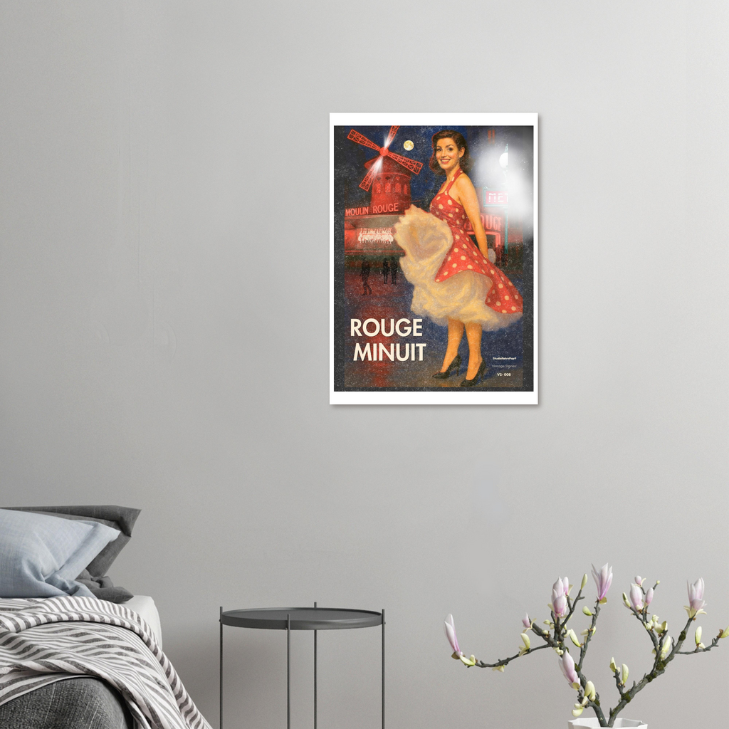 Affiche Rouge Minuit en situation – décoration murale chambre, style vintage parisien, poster rétro pop Moulin Rouge – StudioRetroPop® VS-008