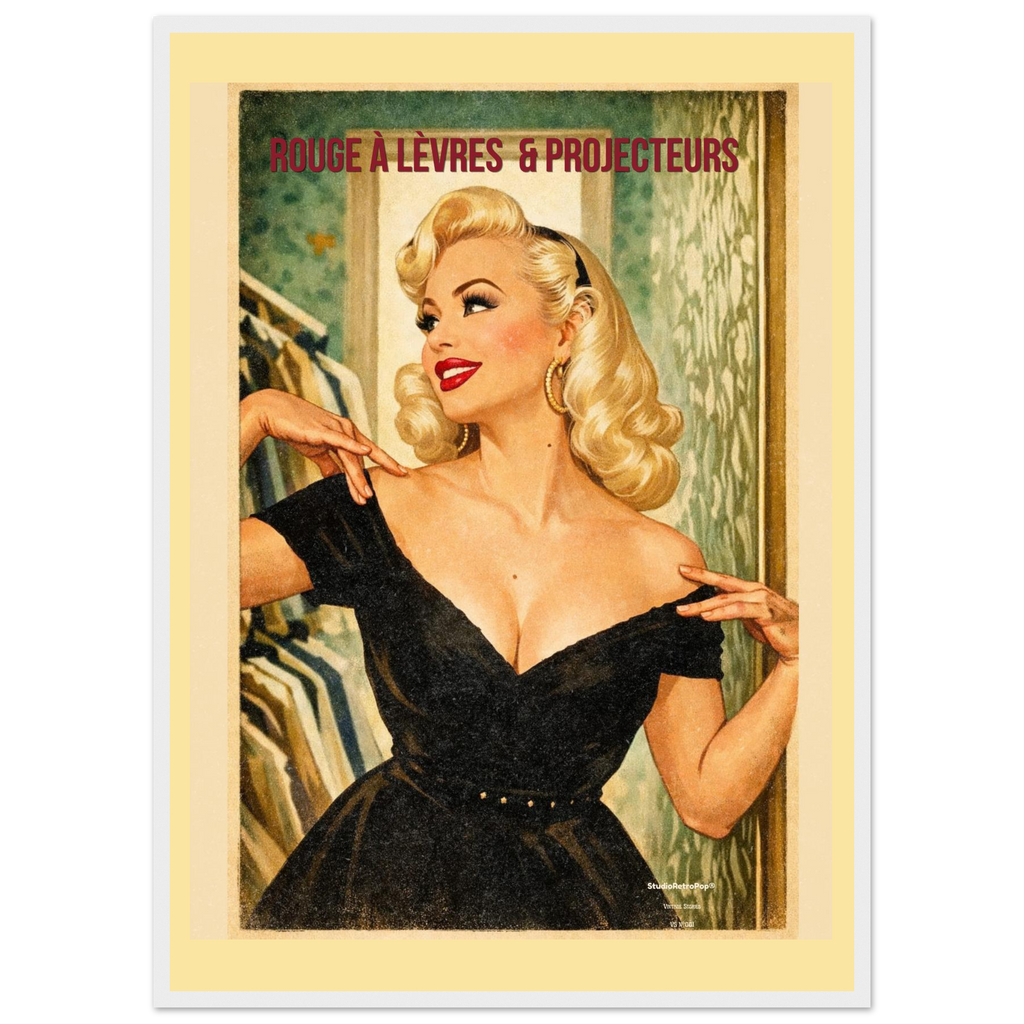 Affiche Rouge à lèvres & Projecteurs | Affiche vintage rétro – Collection Vintage Stories VS N°001 – StudioRetroPop® – 30x40 cm / 12x16″