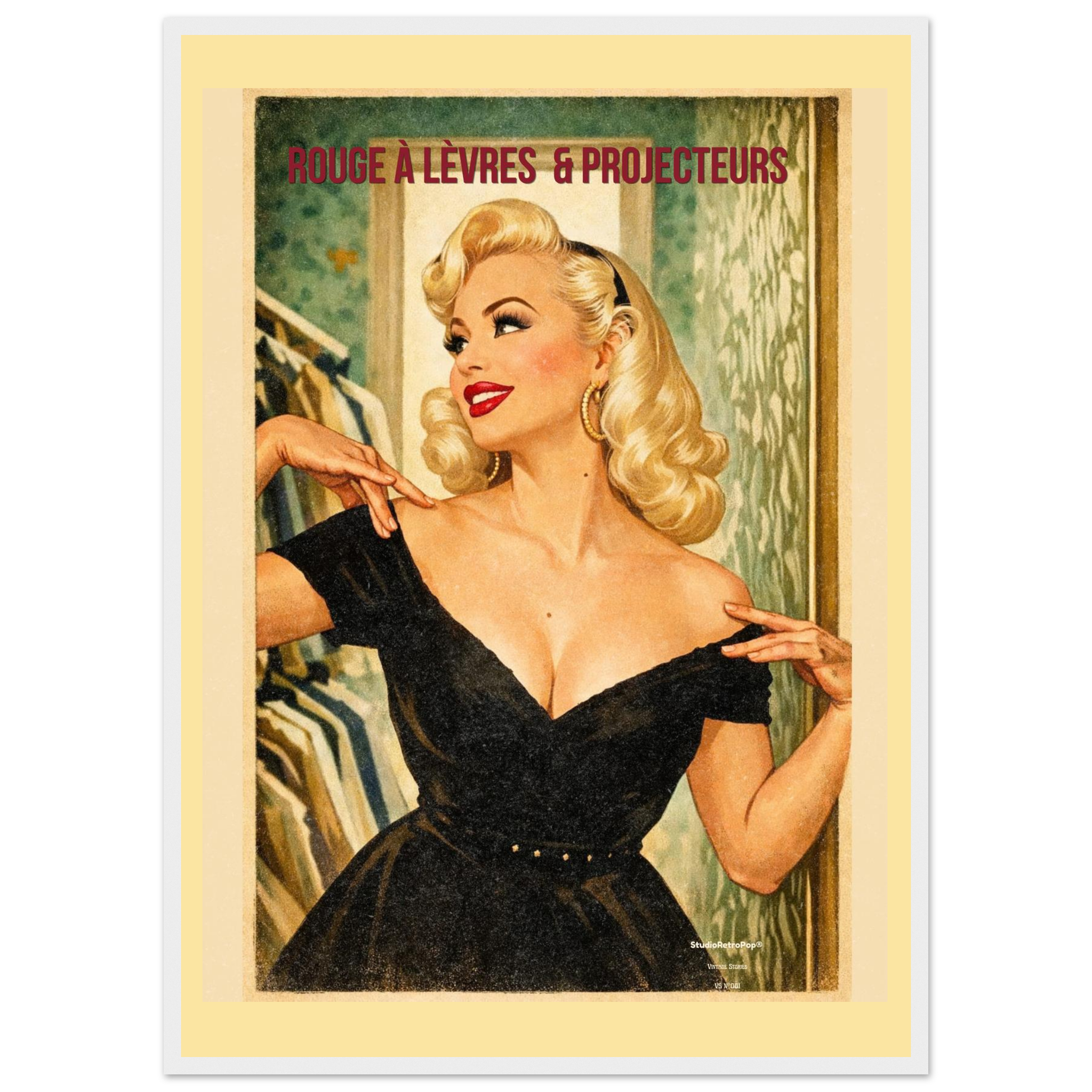 Affiche Rouge à lèvres & Projecteurs | Affiche vintage rétro – Collection Vintage Stories VS N°001 – StudioRetroPop® – 30x40 cm / 12x16″