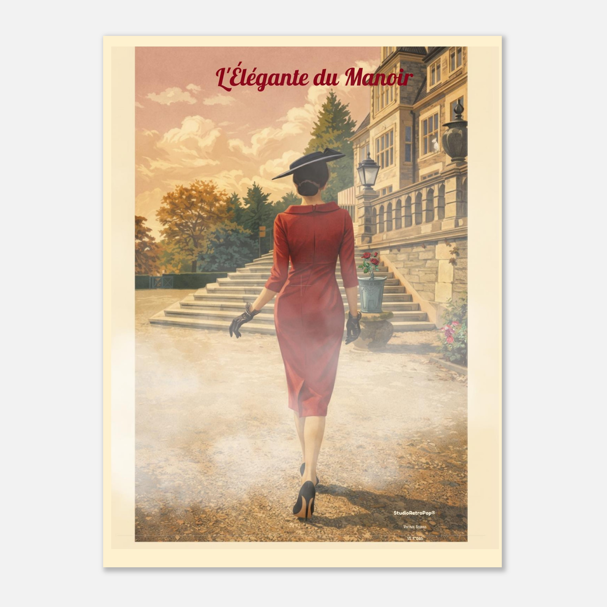 Affiche L'élégante du manoir — Affiche vintage chic – Collection Vintage Stories VS N°005 – StudioRetroPop® – 30x40 cm / 12x16″