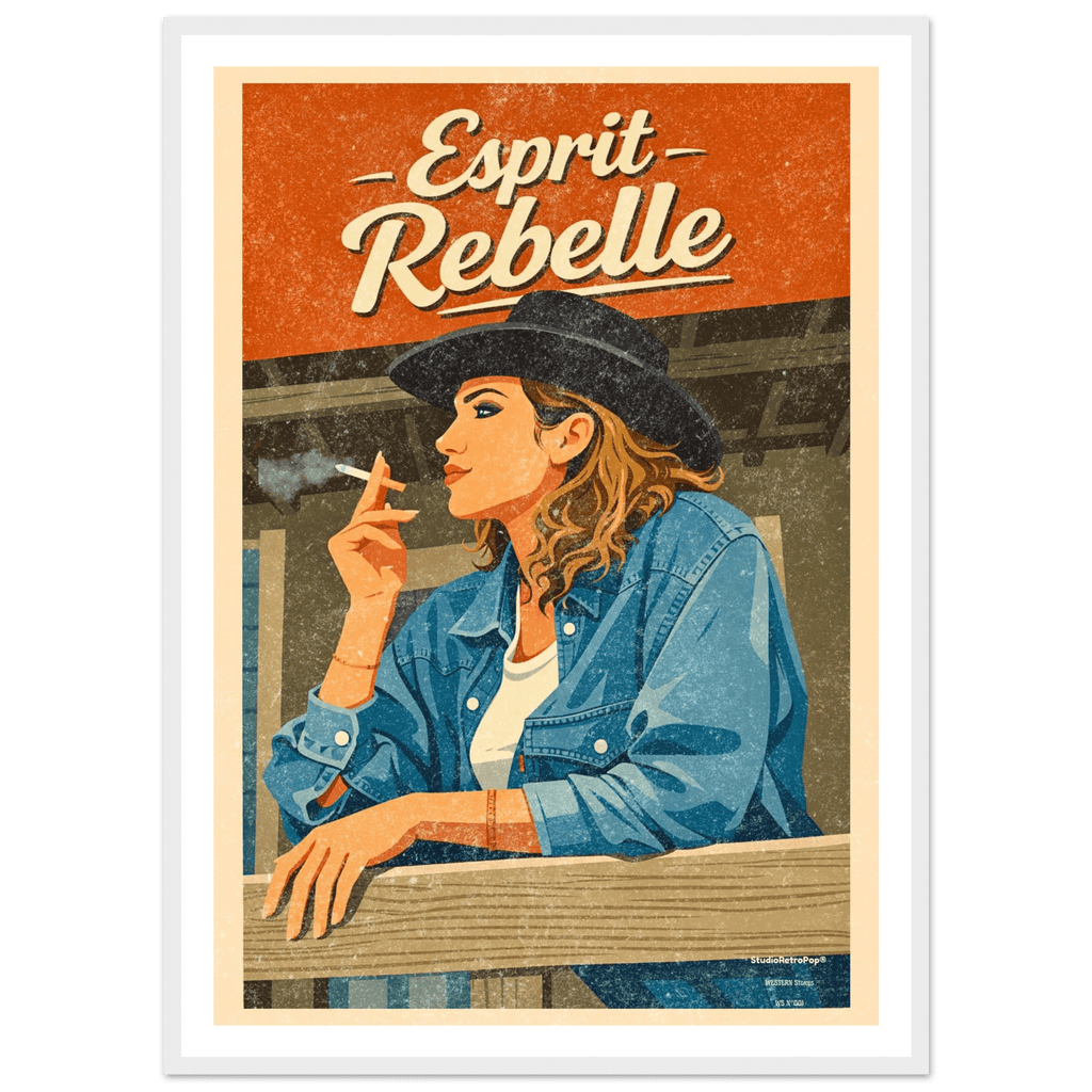 Affiche rétro « Esprit Rebelle », cowgirl au chapeau noir et à la chemise bleue, bandeau orange, vue rapprochée encadrée