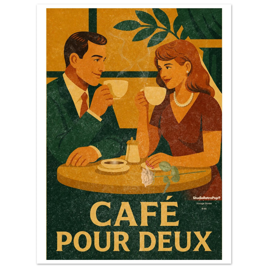 Affiche Café pour Deux — Affiche Art Rétro Pop - Collection Vintage Stories VS N°013 – StudioRetroPop® – 30x40 cm / 12x16″